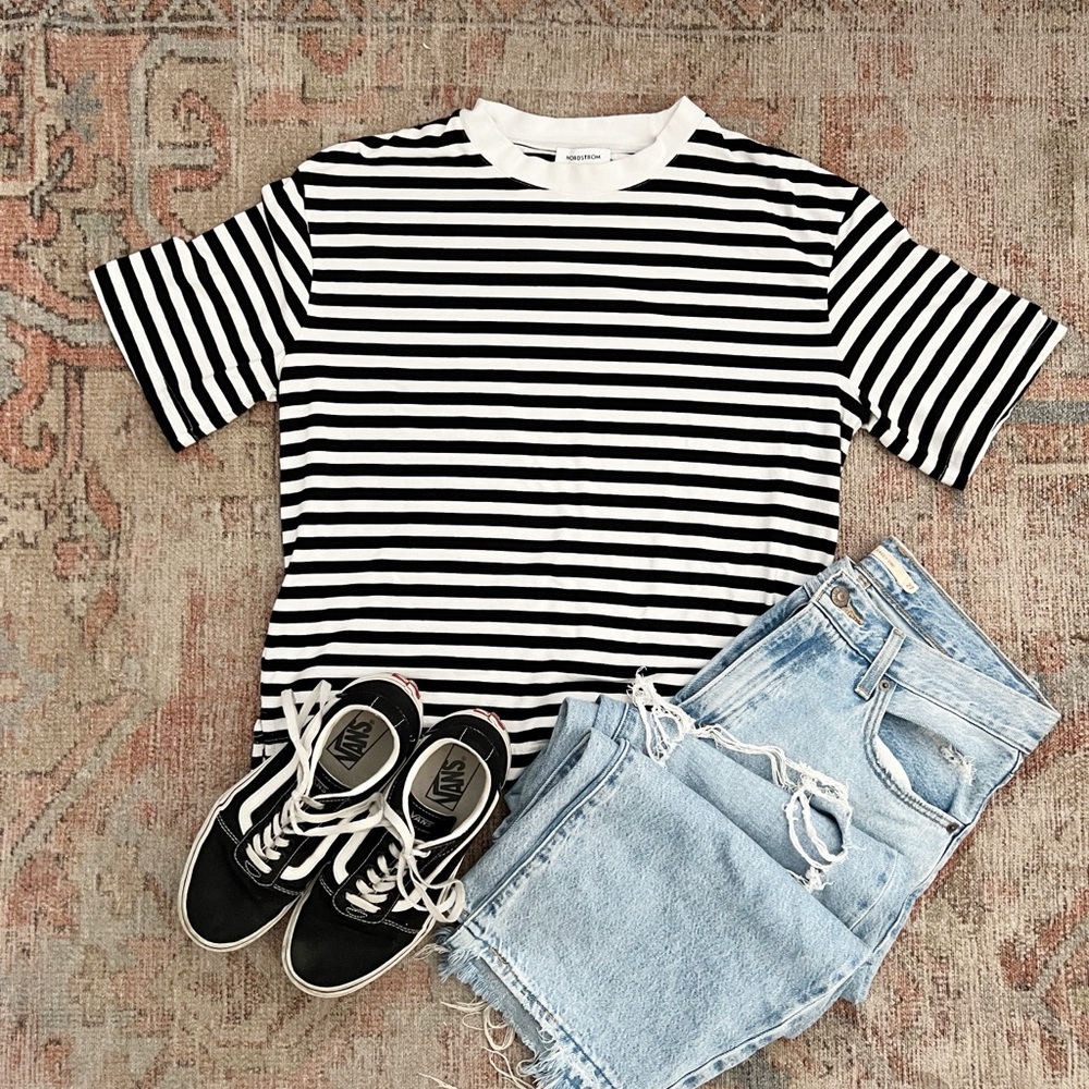 Nordstrom Black and White Short Sleeve Tee with Breton Stripes